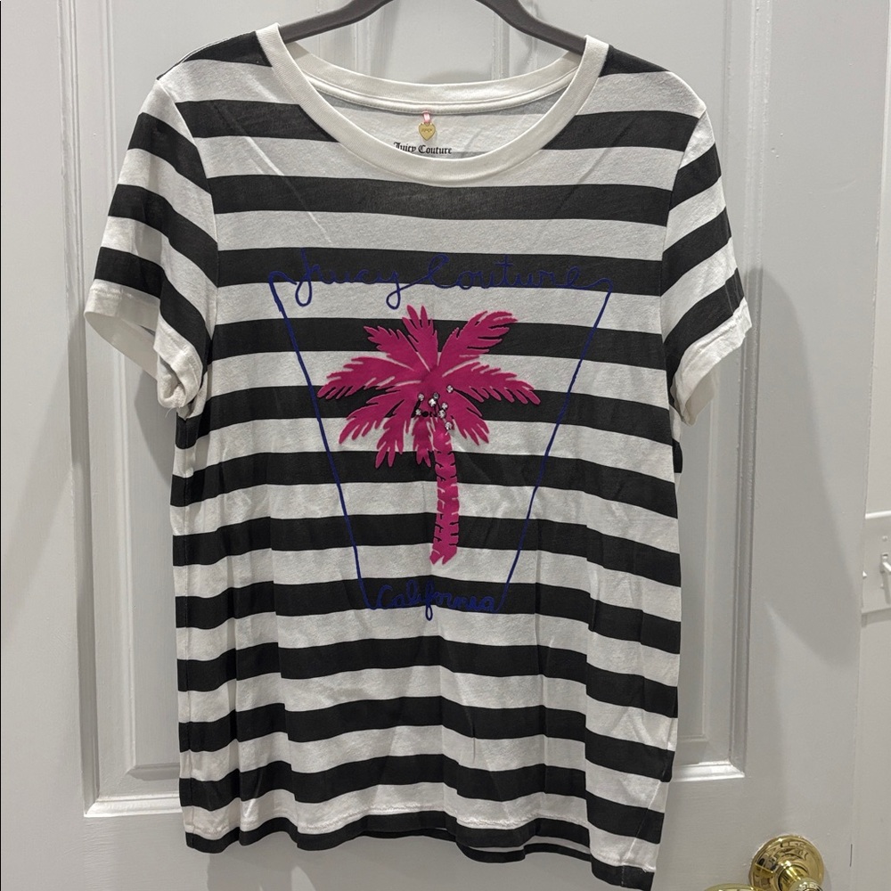 Juicy Couture Grey and White Striped Tee with Pink Palm Tree